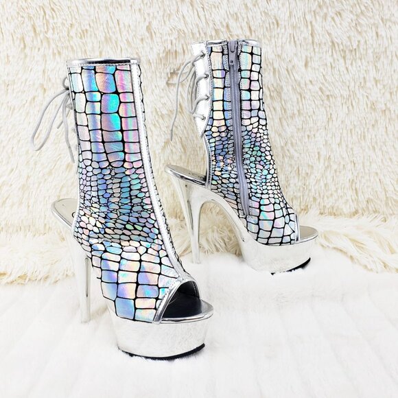 Brand New Delight 1018HG Sexy Silver Hologram Platform Heels Ankle Boots - Picture 9 of 16
